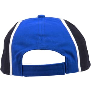 A tricolour baseball cap featuring blue, black, and white panels, with an adjustable back strap.
