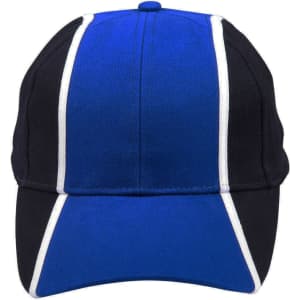 A tri-colour baseball cap featuring blue and black panels with white detailing. It includes a logo on the front.