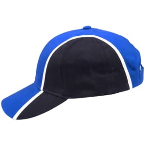 A tri-colour baseball cap featuring blue, black, and white panels, with a curved visor and a logo.