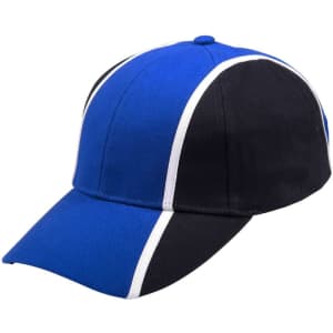 A tri-colour baseball cap featuring blue, black, and white sections, with a curved brim and a logo.