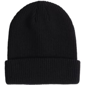 A black roll-up cable knit snug beanie with a ribbed texture and a folded cuff. It features a logo.