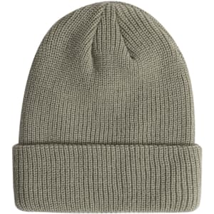 A roll-up cable knit snug beanie in a muted green colour, featuring a logo on the side.