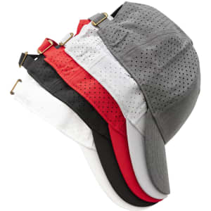 A collection of 4-way stretch laser cut runner's caps in grey, black, white, and red, featuring a logo.