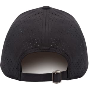 A black runner's cap featuring a perforated design and an adjustable strap at the back.