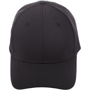 A black runner's cap with a 4-way stretch design and laser-cut ventilation details, featuring a logo.