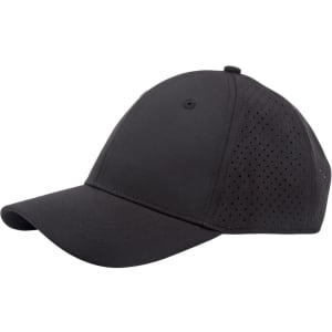 A black 4-way stretch cap with laser-cut ventilation holes and a curved peak, featuring a logo.