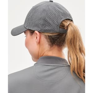 A grey 4-way stretch cap with laser-cut perforations and an adjustable strap at the back.
