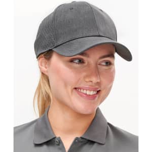 A grey cap with a structured design and perforated panels, featuring a logo on the front.