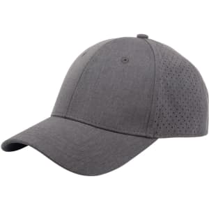 A grey cap with a solid front and perforated paneling, featuring a curved brim and a logo.