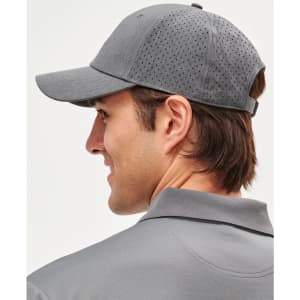 A grey 4-way stretch cap featuring laser cut ventilation, designed for comfort, with an adjustable strap and branding.