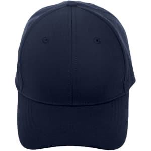 A navy blue cap with a structured design and six panels, featuring ventilation holes and a logo.