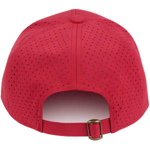 A red cap with laser cut ventilation holes and an adjustable strap at the back, featuring a logo.