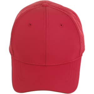 A red 4-way stretch cap featuring laser-cut ventilation holes and a structured design. It has a visible logo.
