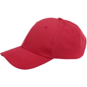 A red 4-way stretch cap with laser cut ventilation holes and a logo, designed for comfort and breathability.