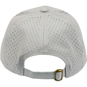 A grey 4-Way Stretch Laser Cut Runner's Cap with a perforated design and an adjustable back strap.