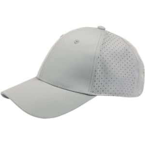 A grey cap with laser-cut ventilation and a curved peak, featuring a logo on the front.