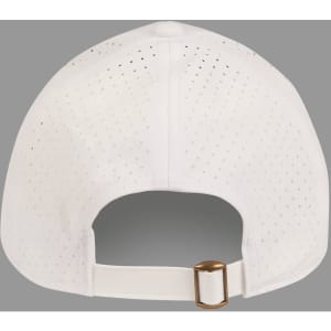 A white 4-way stretch cap featuring laser-cut ventilation holes and an adjustable strap at the back.