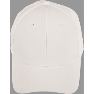 A white 4-way stretch cap with laser cut details and a branded logo on the front.
