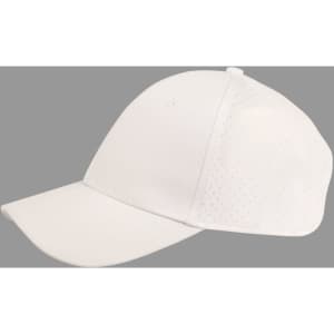 A white 4-way stretch cap with laser cut detailing and a logo. Features a curved brim and breathable design.