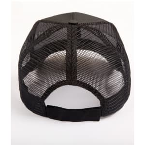 A black trucker cap with a mesh back and an adjustable strap, showcasing a simple design.