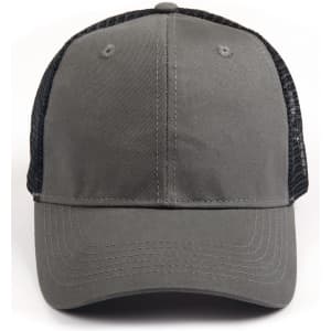 A premium cotton twill trucker cap in grey with a black mesh rear and a logo on the front.