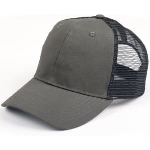 A premium cotton twill trucker cap in grey with a black mesh back and a curved peak.