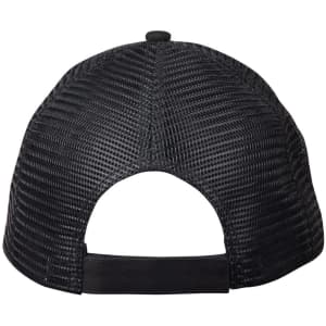 A black Premium Cotton Twill Trucker Cap featuring a mesh back and an adjustable strap.