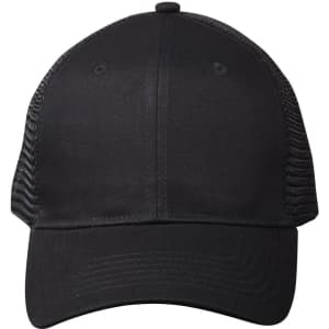 A black premium cotton twill trucker cap with mesh sides and a branded logo.