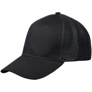 A black Premium Cotton Twill Trucker Cap with a mesh back and logo detail.