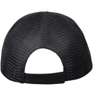 A black Premium Cotton Twill Trucker Cap featuring a mesh back and adjustable strap. It has a logo on it.