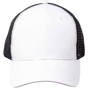 A Premium Cotton Twill Trucker Cap in white with black mesh sides and a logo on the front.