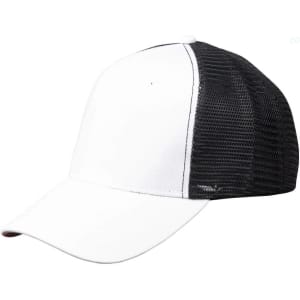 A black and white Premium Cotton Twill Trucker Cap with a solid front and mesh back, featuring a logo.