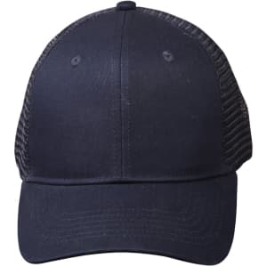 A navy blue cotton twill trucker cap with a mesh back and a logo on the front.