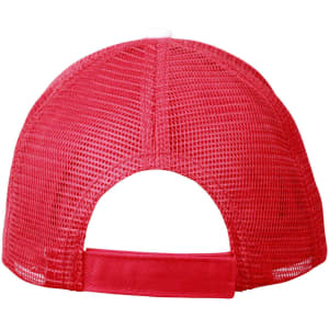 A red Premium Cotton Twill Trucker Cap with a mesh back and an adjustable strap. Featuring a logo.
