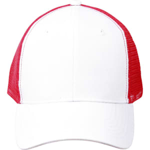 A Premium Cotton Twill Trucker Cap in white with red mesh panels and a plain design, featuring a logo.