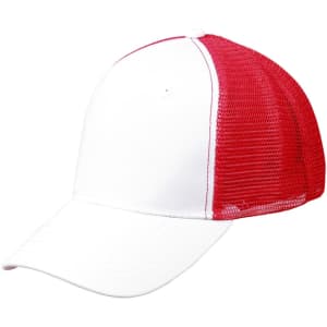 A red and white Premium Cotton Twill Trucker Cap featuring a solid front and mesh back, with a logo on the front.