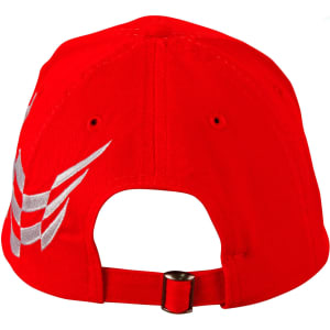 A red cap with a racing check pattern and a logo on the back, featuring an adjustable strap.
