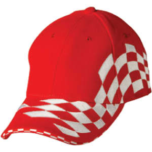 A red cap featuring white checkered embroidery across the front and brim. It has a logo on the side.