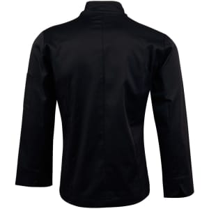 A long sleeve black chef's jacket with a high collar and a side pocket. It features a logo on one sleeve.
