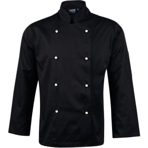 A black long sleeve chef's jacket featuring a double-breasted design and a side pocket, with a logo on the collar.