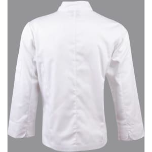 A white long sleeve chef's jacket featuring a simple design and a branded logo on the back.