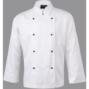 A white long sleeve chef's jacket featuring a double-breasted design and black buttons. It has a logo on the collar.