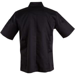 A black short-sleeve chef's jacket with a collar and a logo on the sleeve.