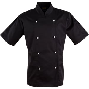 A black short sleeve chef's jacket featuring a double-breasted design and decorative buttons. It has a logo on the chest.