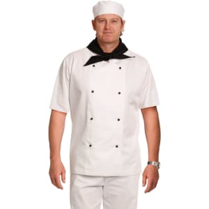 A short sleeve white chef's jacket with black buttons and a black neck scarf, worn by a male model.