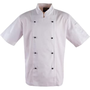 A short sleeve chef's jacket in white with black buttons and a logo on the chest.