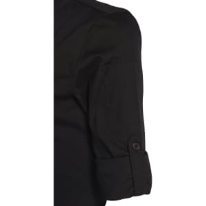 A black men's functional chef jacket features rolled sleeves and a button detail, with a pocket on the arm.