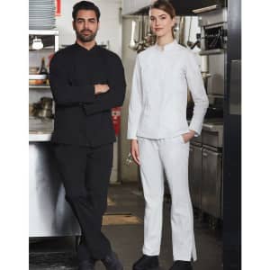 A black men's chef jacket and a white women's chef jacket are displayed on models in a kitchen setting.