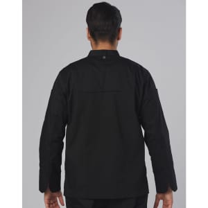 A black men's chef jacket with long sleeves and a collar, featuring a back vent and a logo.
