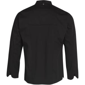 A black men's functional chef jacket with long sleeves, featuring a streamlined back design and a logo.